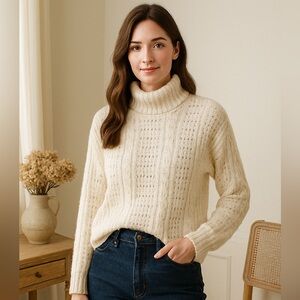 Worthington Vintage Cable Knit Turtleneck Sweater Large Silk Angora Blend Cream